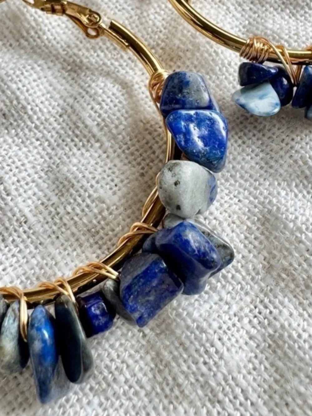New Natural Blue Sodalite Stone Wire Wrapped Gold Tone Hoop Earrings - 2”